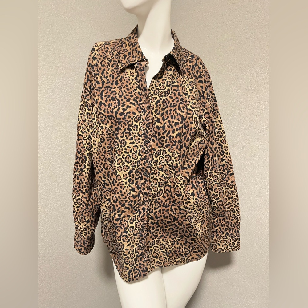 CHAPS Plus Women’s Black & Brown  Cotton Animal Print BD LS Shirt  Size 1X